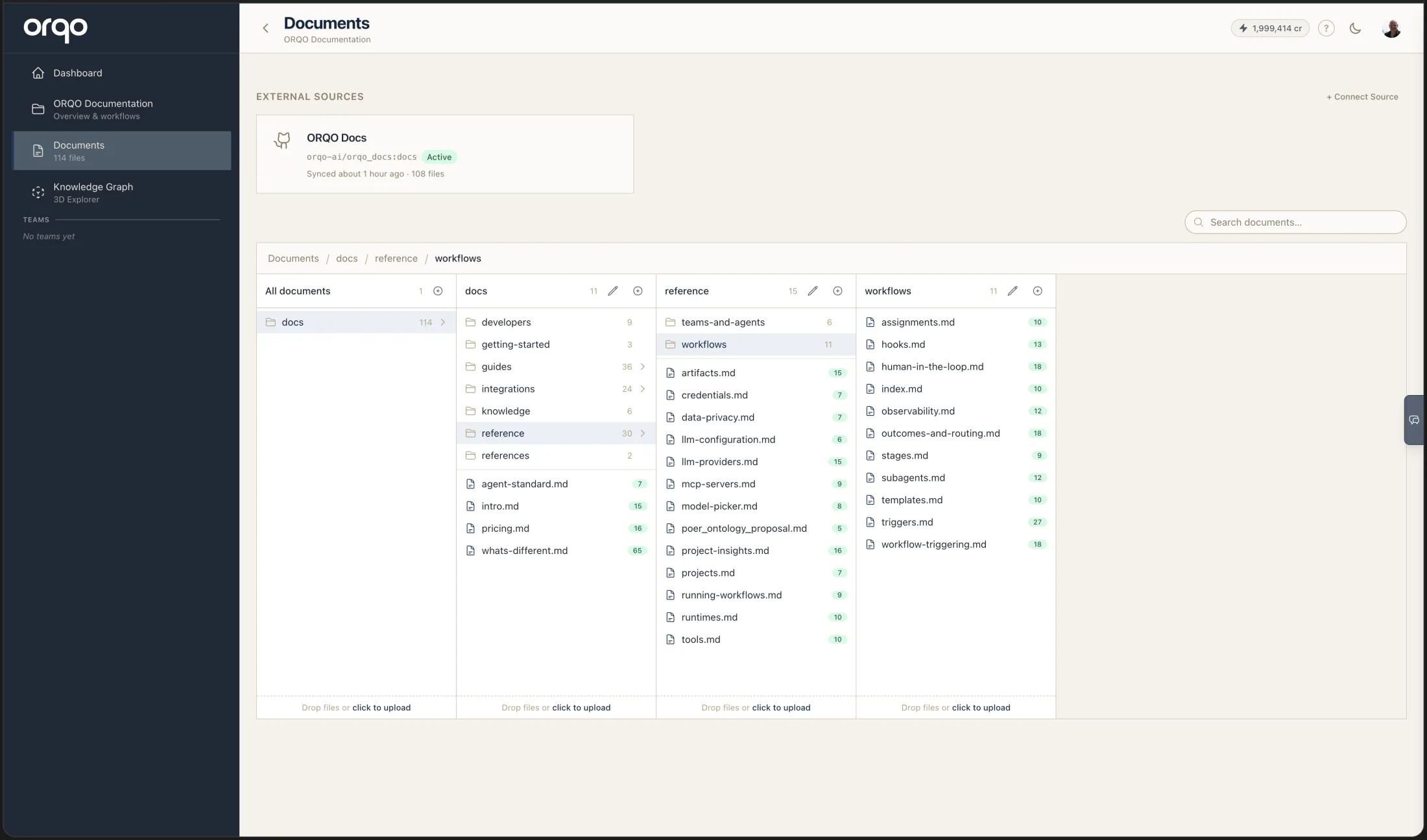 The Documents page — the External Sources section at the top with a connected, actively-syncing source above the column browser, and a "+ Connect Source" button