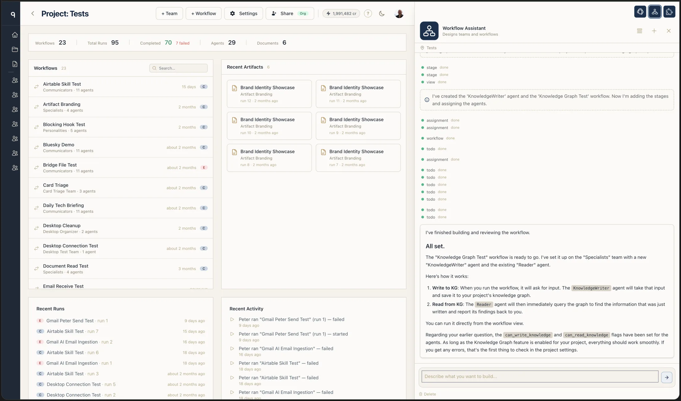 The Workflow Assistant open in the chat drawer beside a project — building a workflow and reporting progress alongside the project dashboard