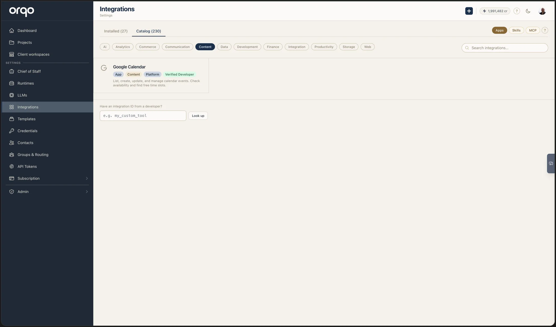 The Integrations catalog filtered to Apps — services that can receive inbound events and deliver messages, such as Google Calendar