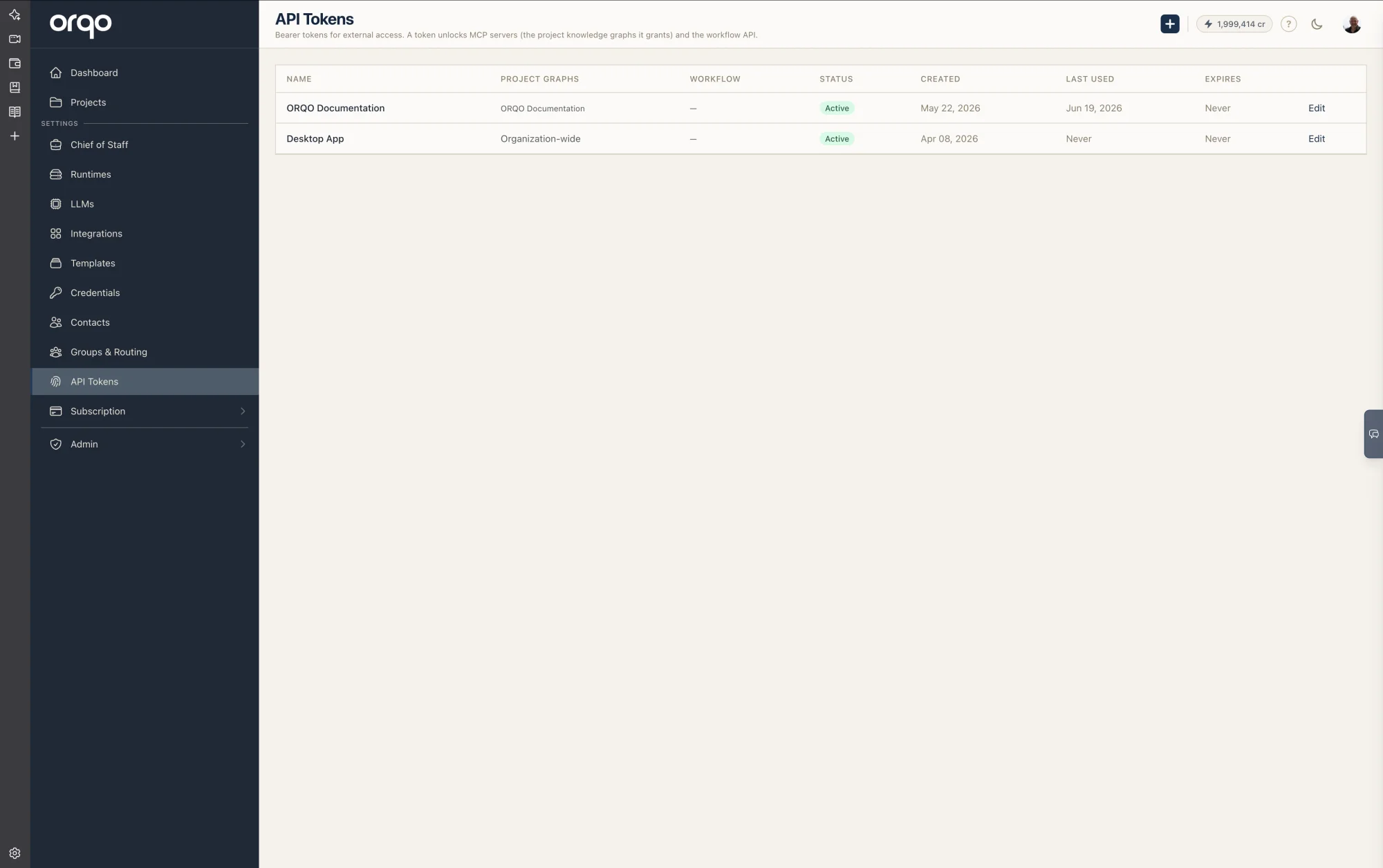 API Tokens page — a list of bearer tokens, each showing the project graphs it grants, workflow scope, status, and expiry